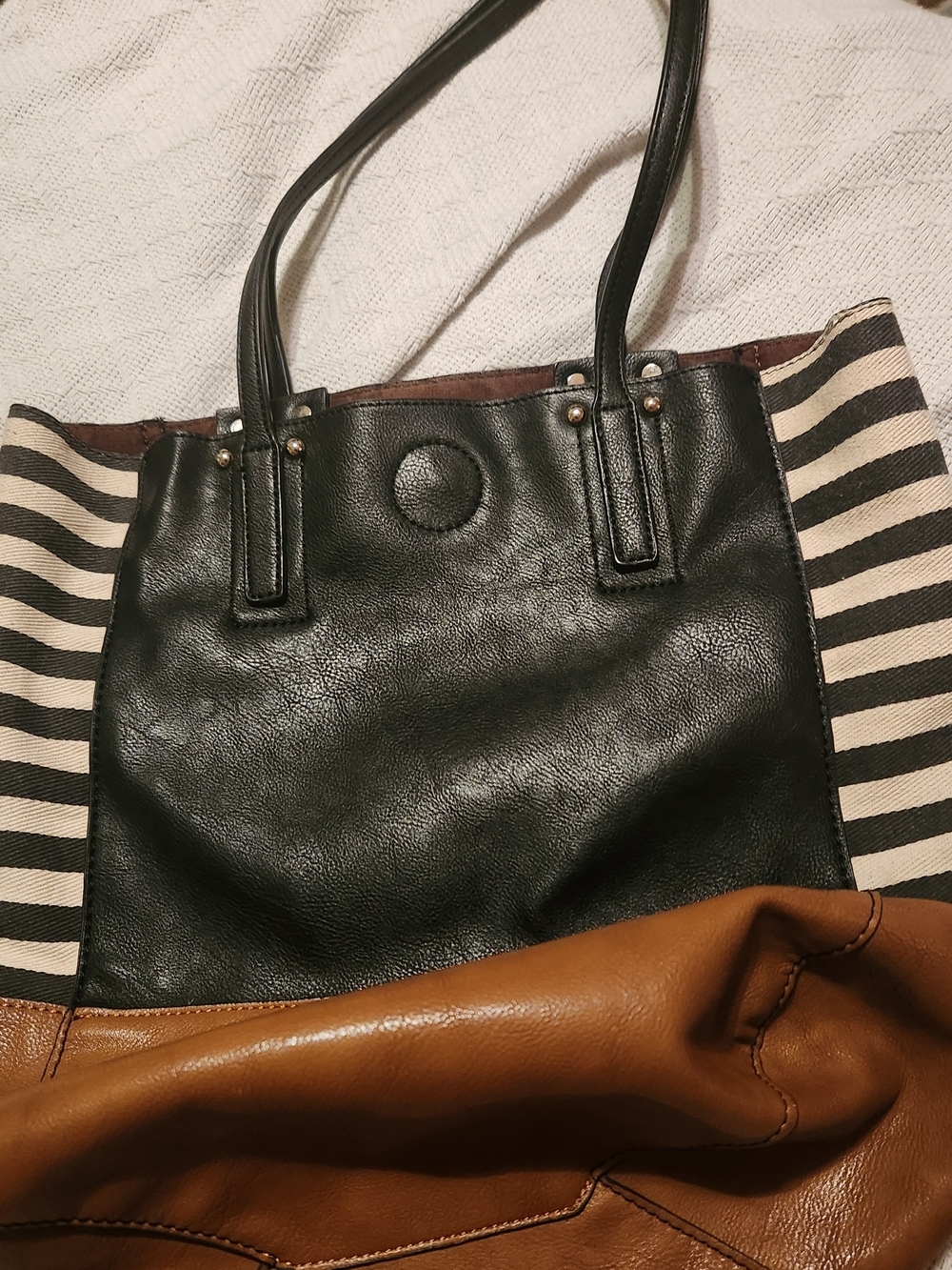 Cognac & Black, Striped Sides Large Faux Leather Shoulder Purse/Tote Bag